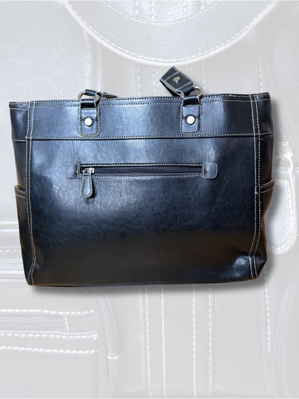 Black Multi-Pocket Faux Leather Tote with White Stitching - Picture 2 of 4